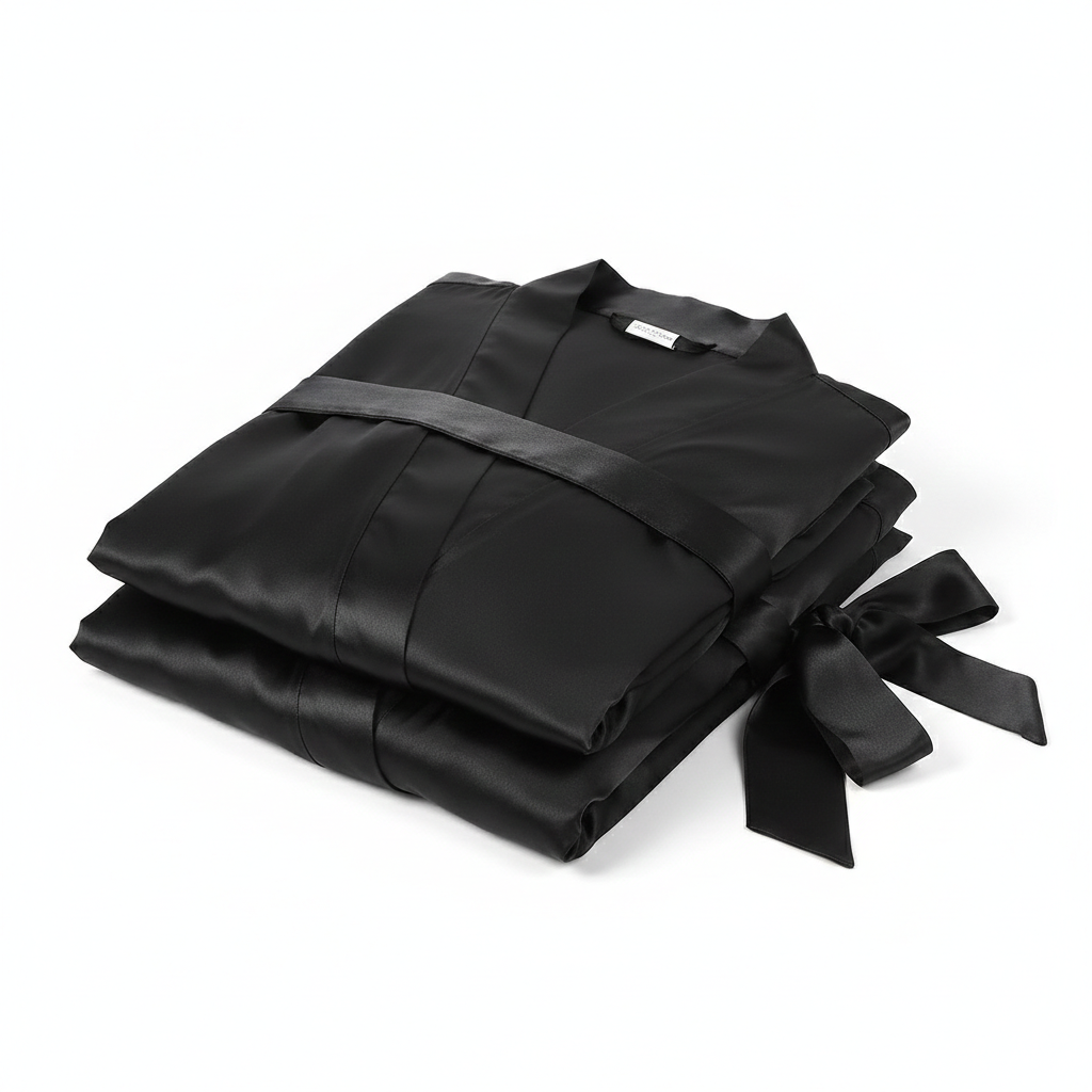 Elegant Silk Couple Gown / Robe Set – Wrap Style With Waist Belt (2 Pcs) | DC-C008 Black