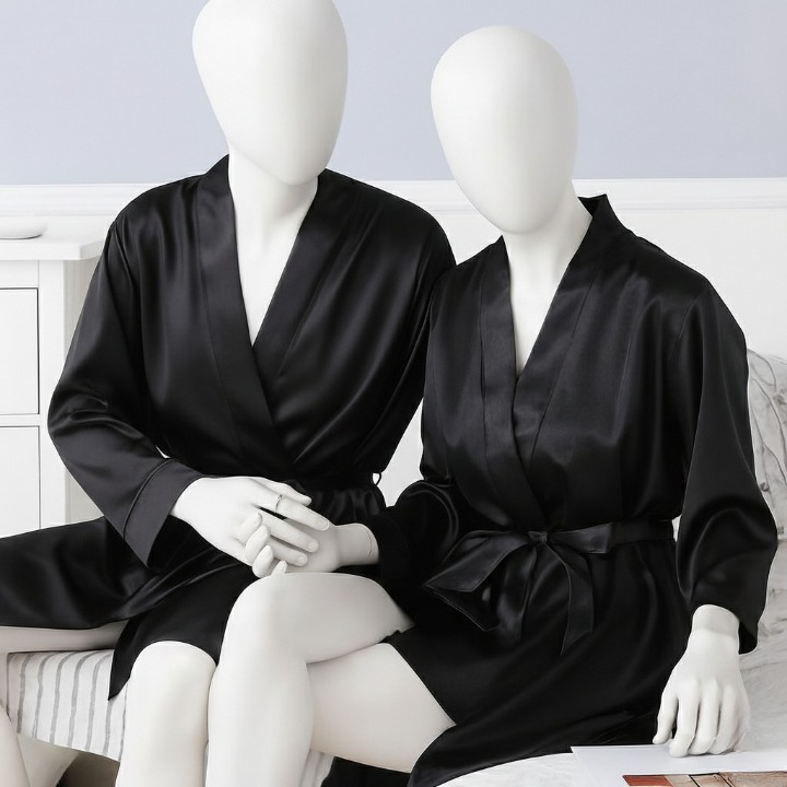 Elegant Silk Couple Gown / Robe Set – Wrap Style With Waist Belt (2 Pcs) | DC-C008 Black
