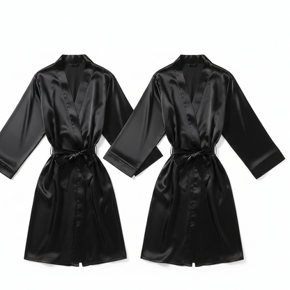 Elegant Silk Couple Gown / Robe Set – Wrap Style With Waist Belt (2 Pcs) | DC-C008 Black